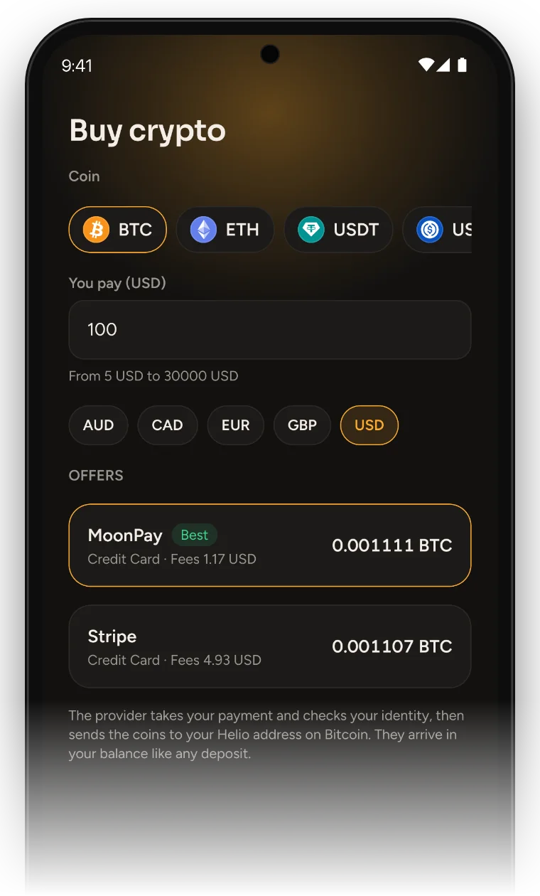 The Helio Buy crypto screen: buying Bitcoin with US dollars, with offers from MoonPay and Stripe compared and the best one first.