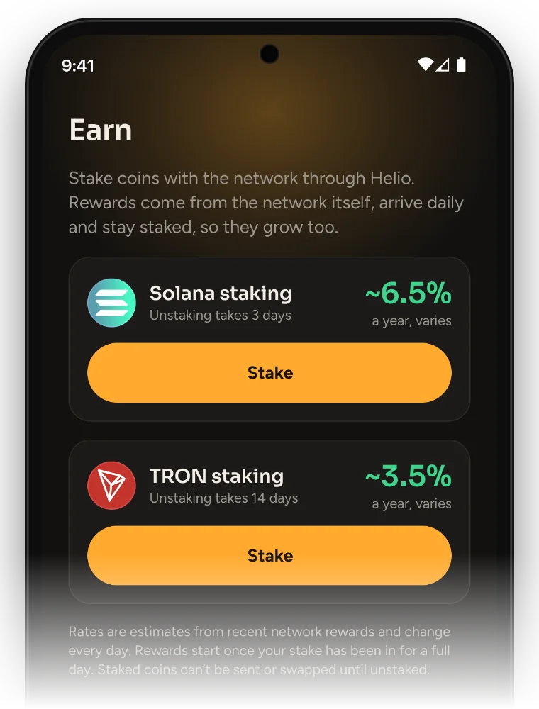 The Helio Earn screen: Solana staking at about 6.5% a year and TRON staking at about 3.5% a year, both varying.
