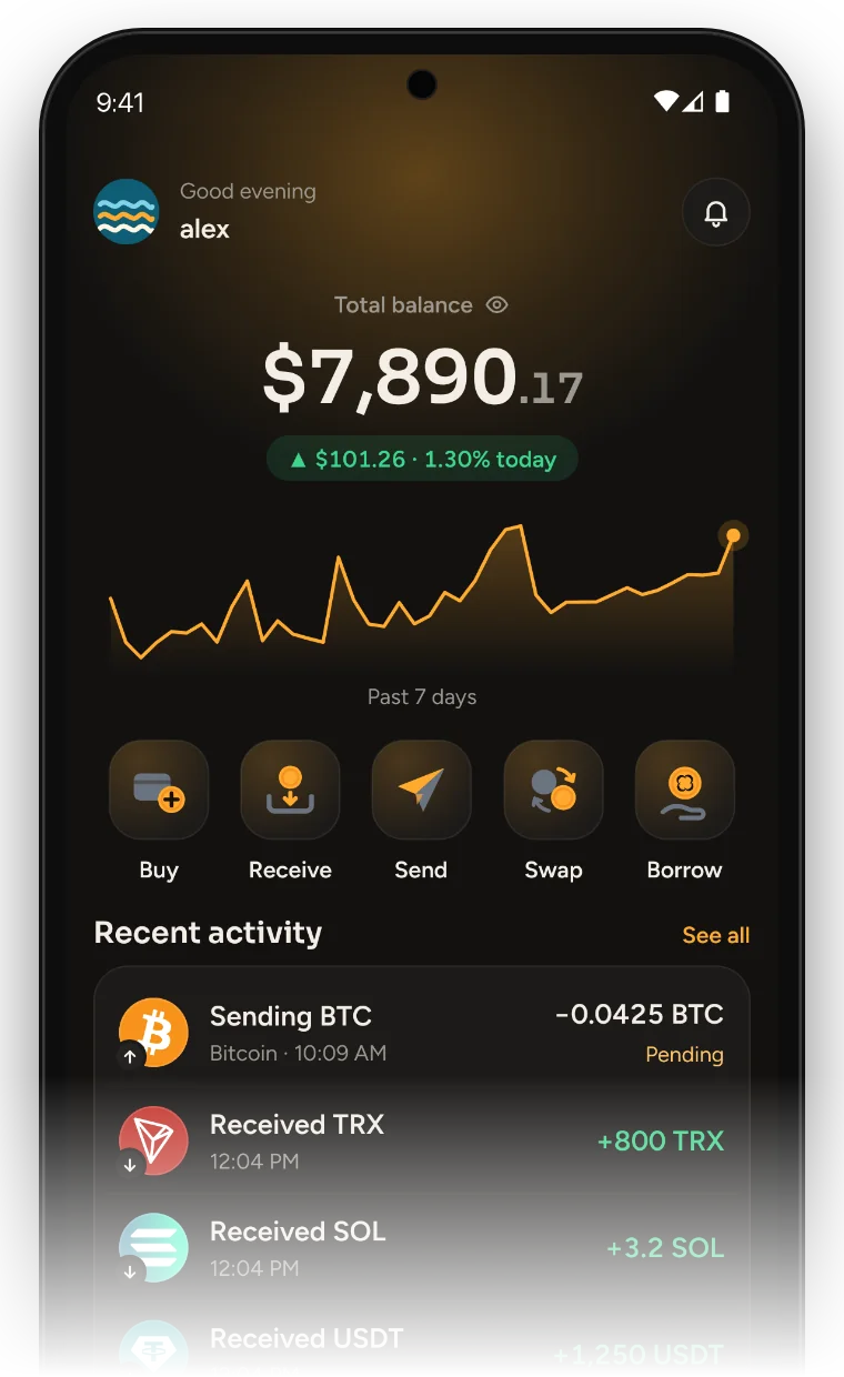 The Helio Home screen: total balance, a 7-day chart, Buy, Receive, Send, Swap and Borrow buttons, and recent activity.